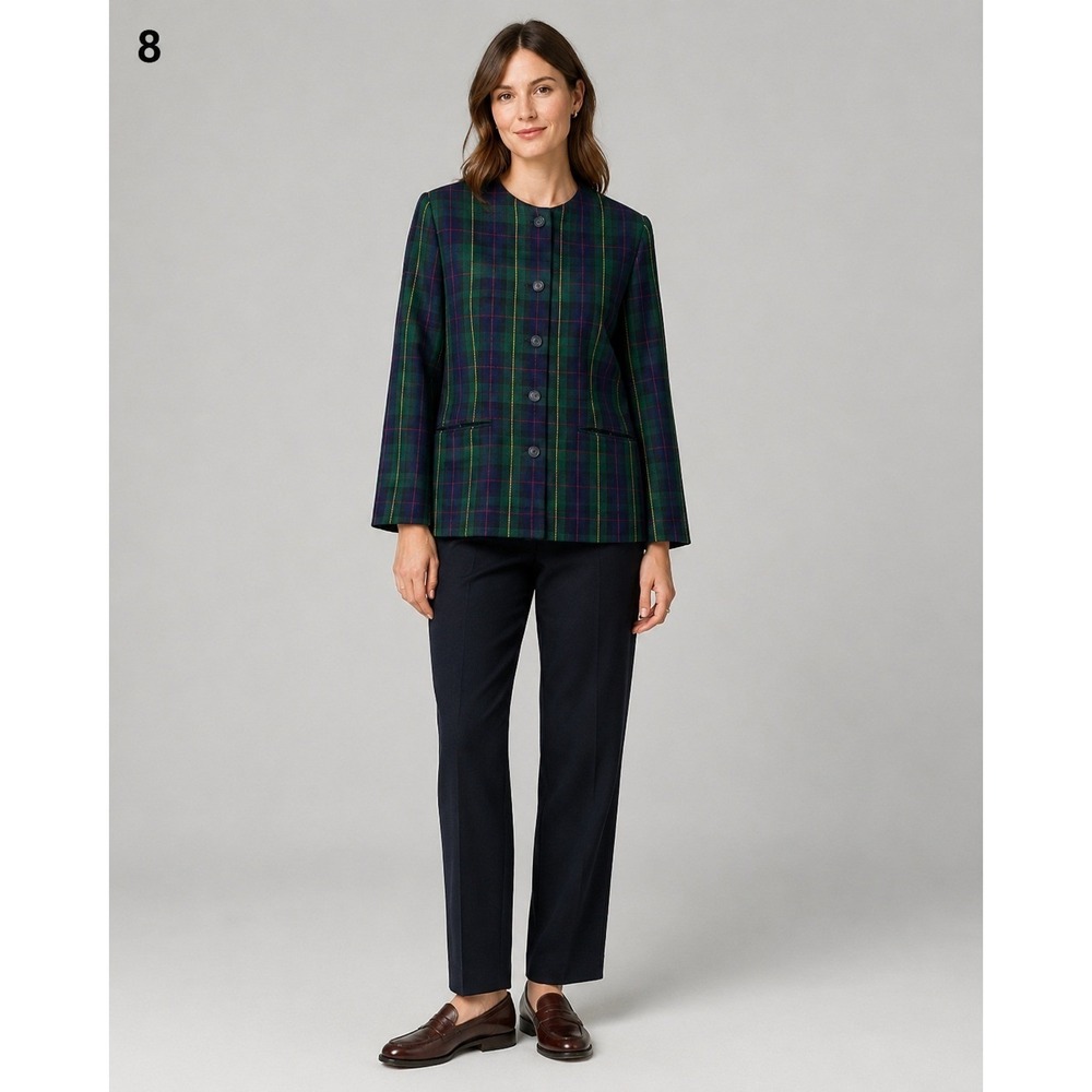 Vintage Joan Leslie Blazer Jacket Women 6 Green Blue Tartan Plaid Wool Blend